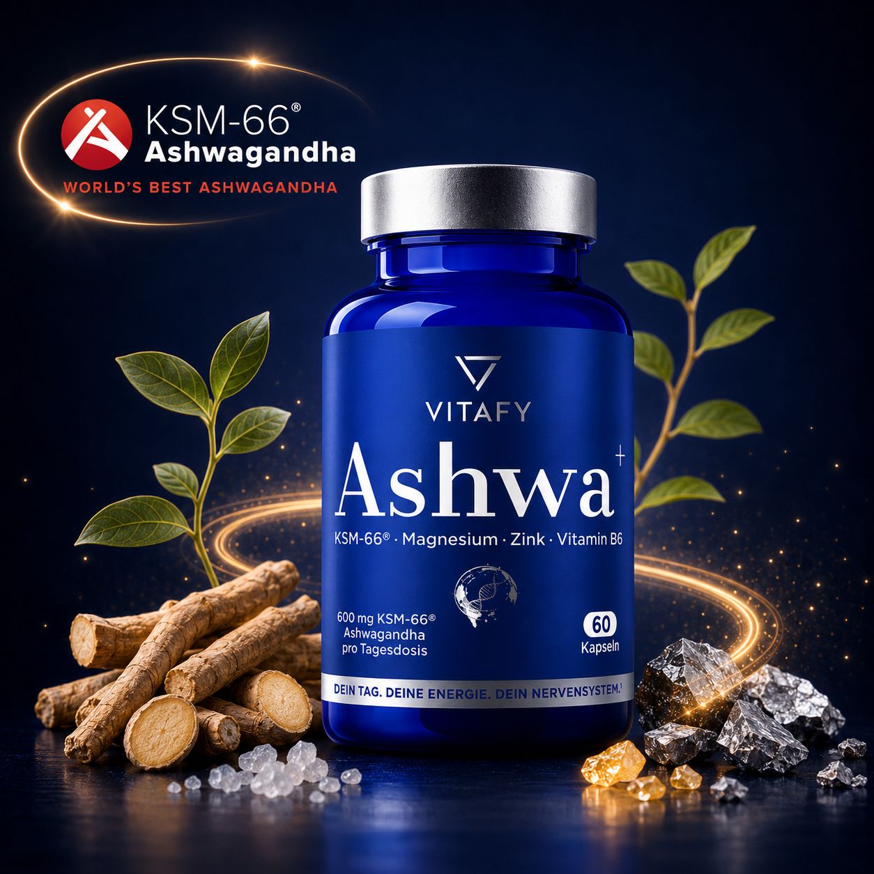 Ashwa+ Ashwagandha KSM-66® mit Magnesium, Zink & Vitamin B6 (60 Kapseln)