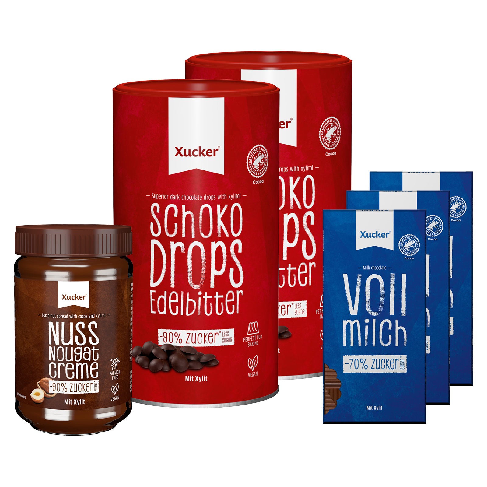 2 x Xucker Schokodrops mit finnischem Xylit Dose (2x750g) + 3 x Xylit-Vollmilchschokolade (3x80g) + Nunux Nuss-Nougat Creme mit Xylit (300g)
