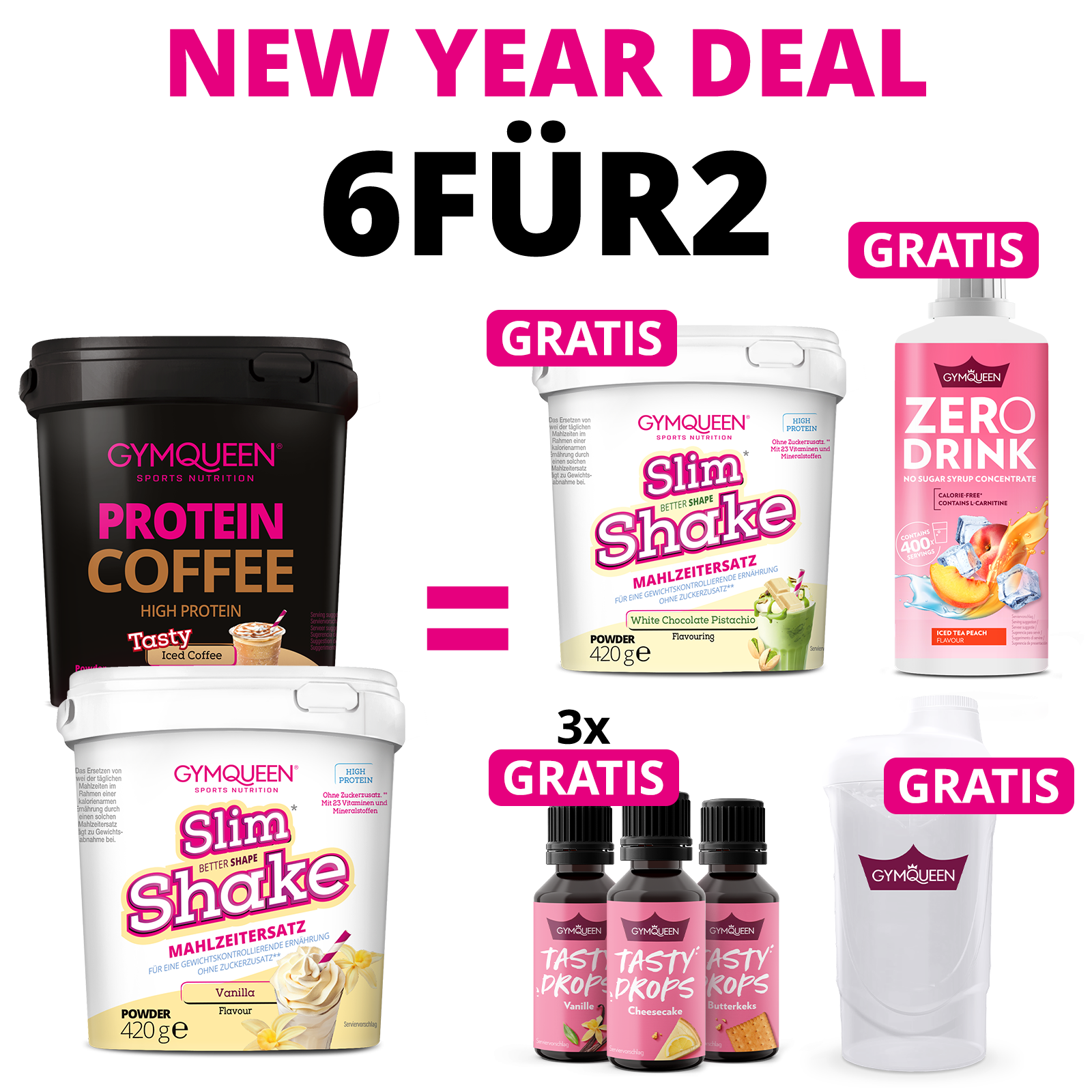 NEW YEAR DEAL: 6Für2 Abnehmpaket XL mit GRATIS Slim Shake + Zero Drink + 3x Tasty Drops und Shaker