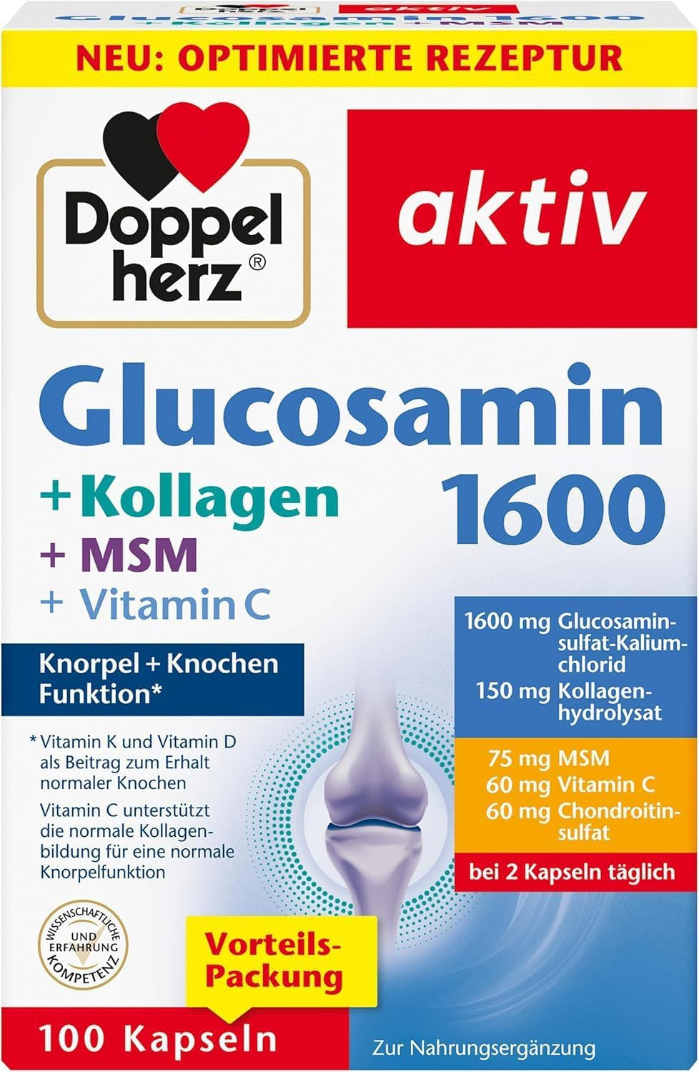 Glucosamin 1600 + Kollagen + MSM + Vitamin C (100 Kapseln)