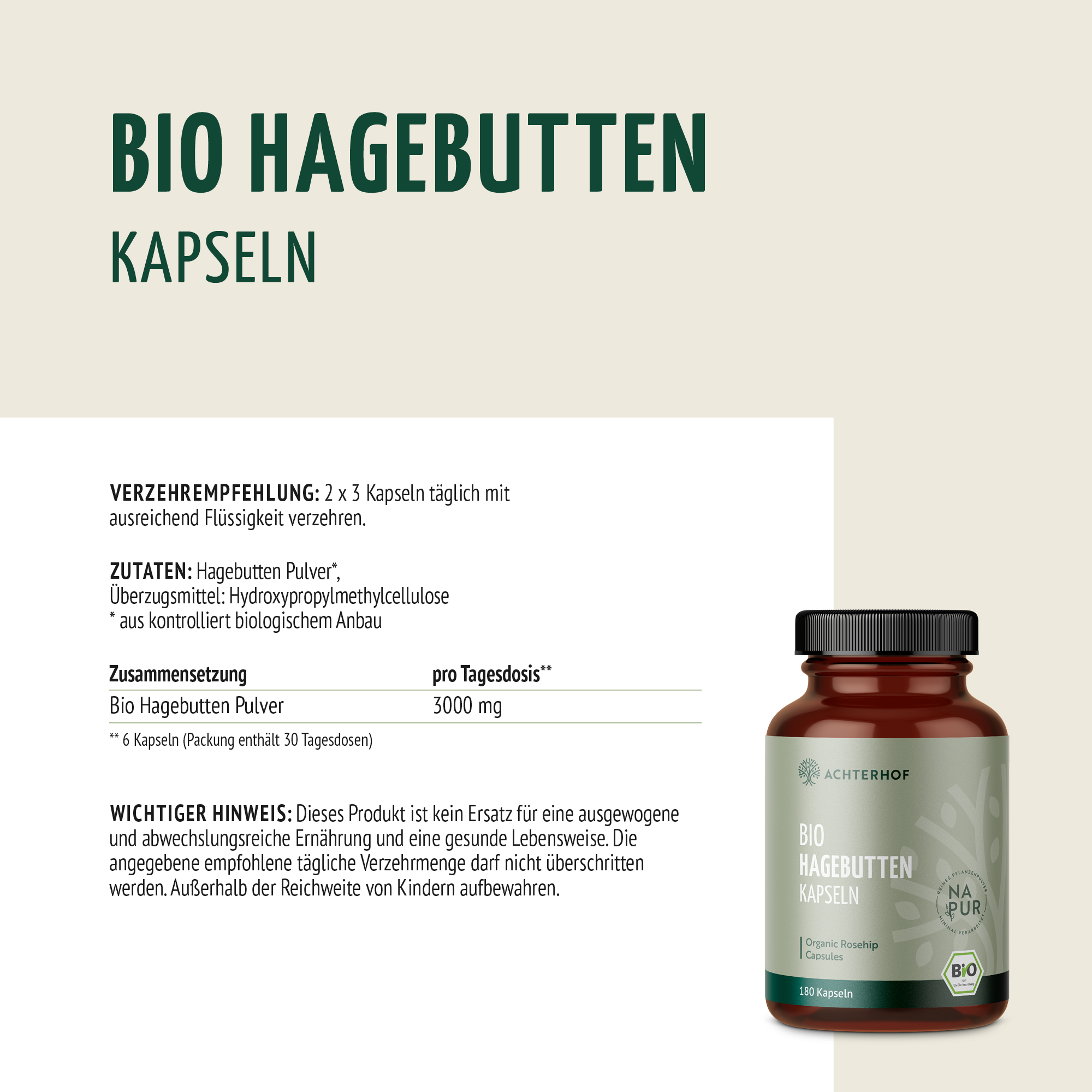 Bio Hagebutten Kapseln (180 Kapseln)