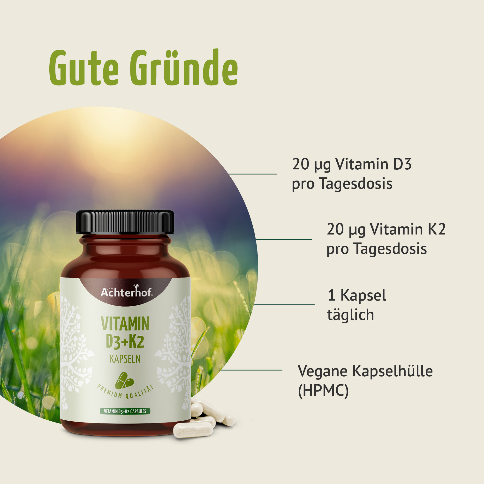 Vitamin D3+K2 Kapseln (180 Kapseln)