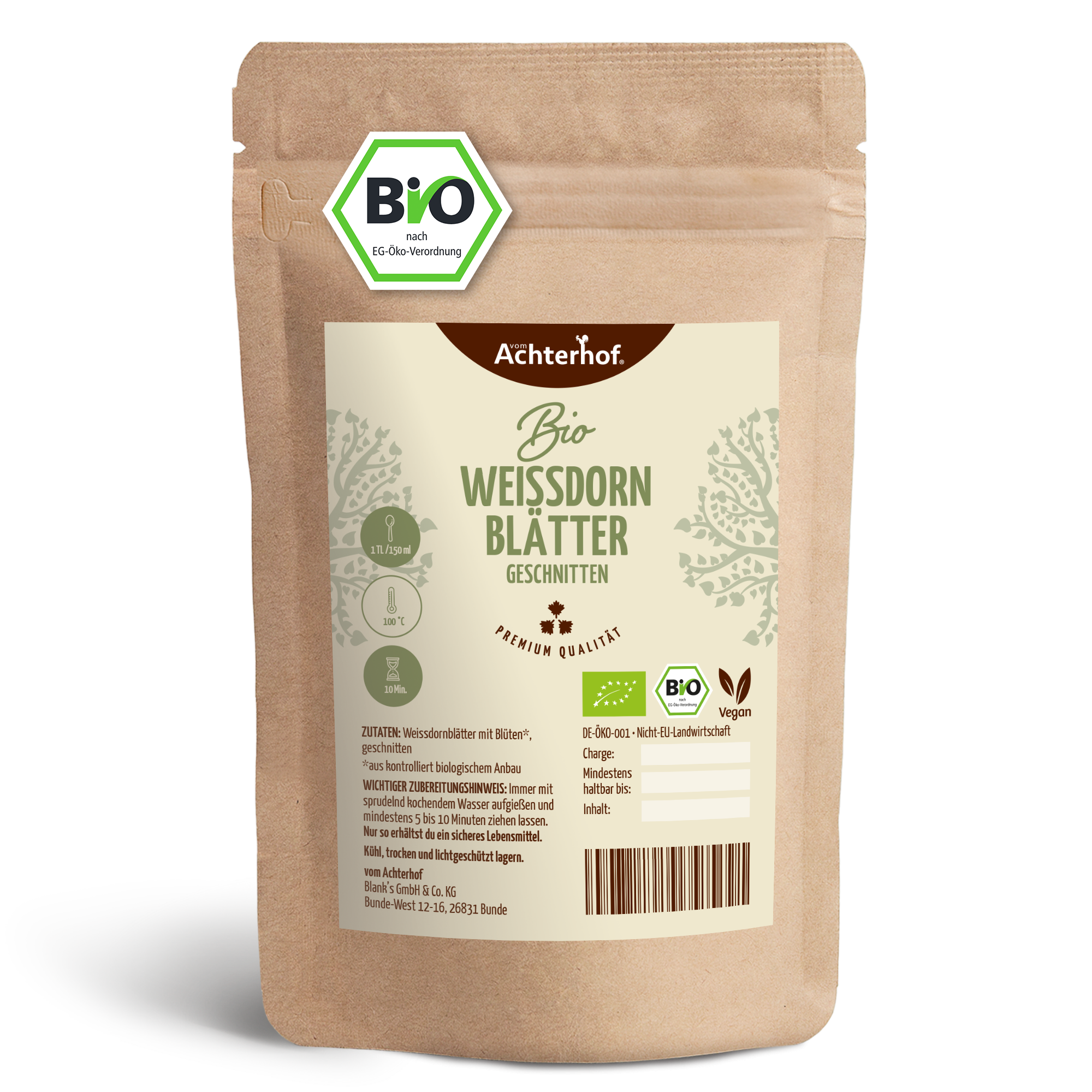 Weißdornblätter mit Blüten geschnitten Bio (100g)