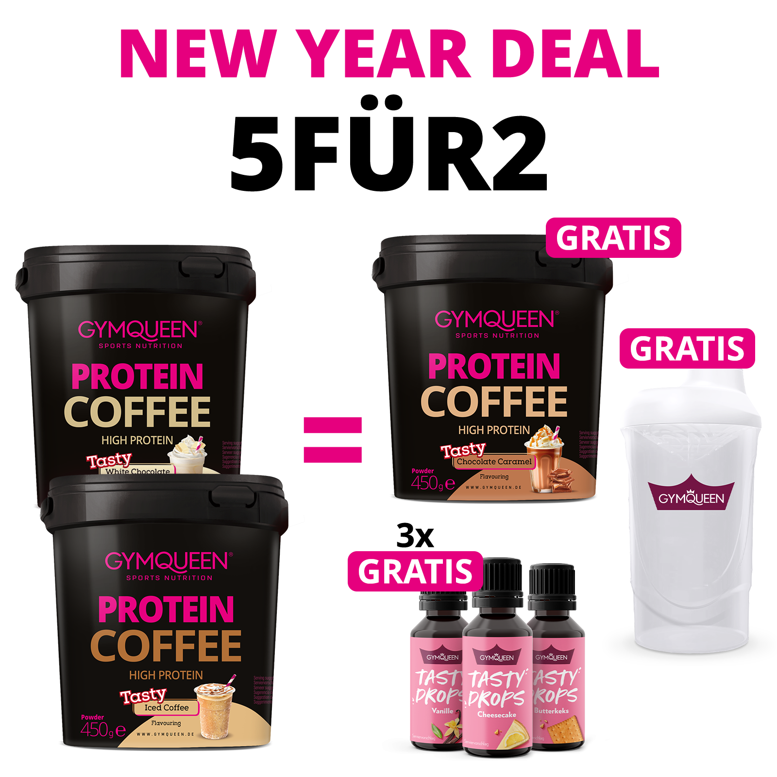 NEW YEAR DEAL: 5Für2 Protein Coffee mit GRATIS Potein Coffee + 3x Tasty Drops und Shaker