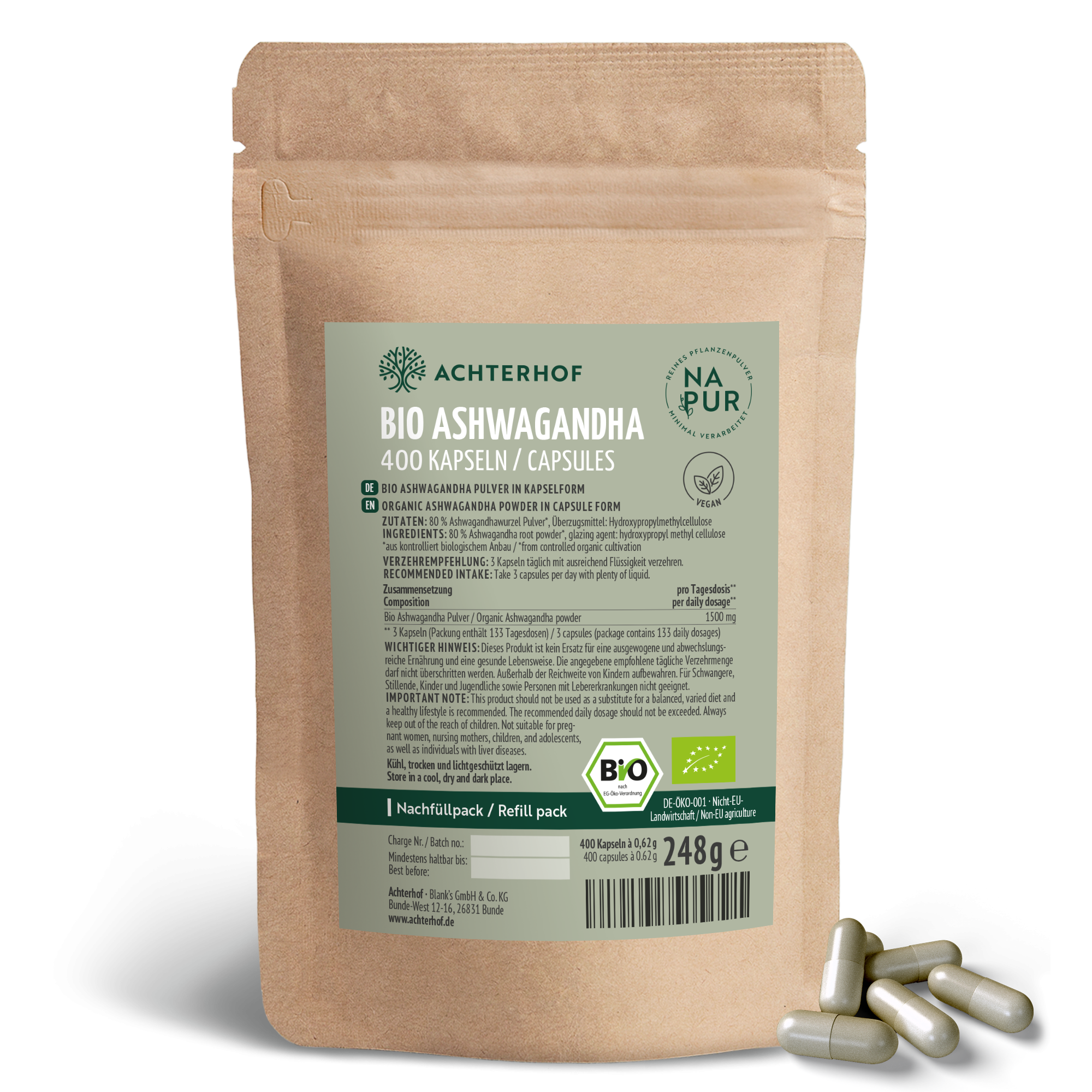 Bio Ashwagandha Kapseln Nachfüllpack (400 Kapseln)