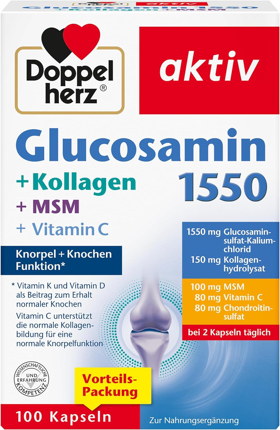 Glucosamin 1550 + Kollagen + MSM + Vitamin C (100 Kapseln)
