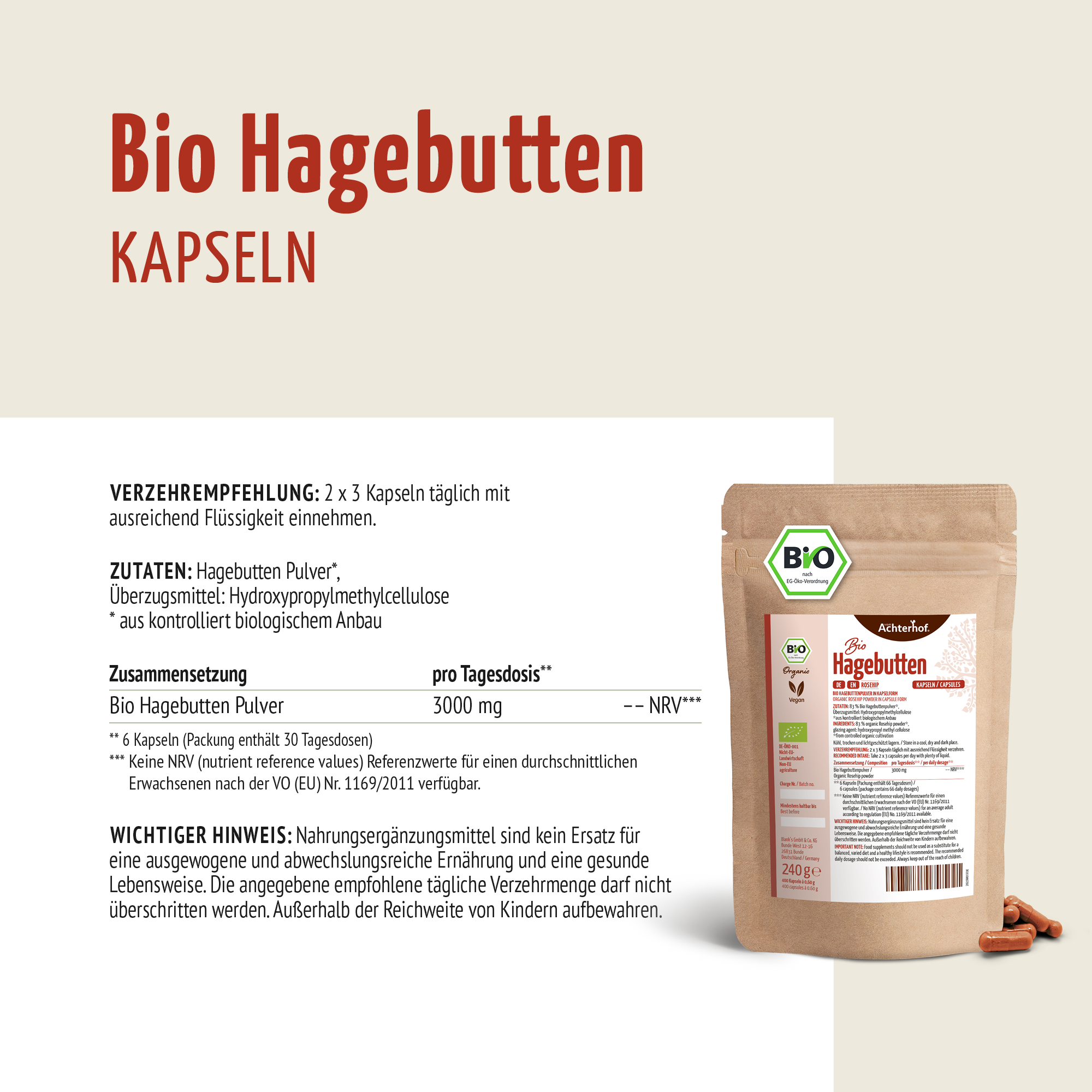 Bio Hagebutten Kapseln (180 Kapseln)