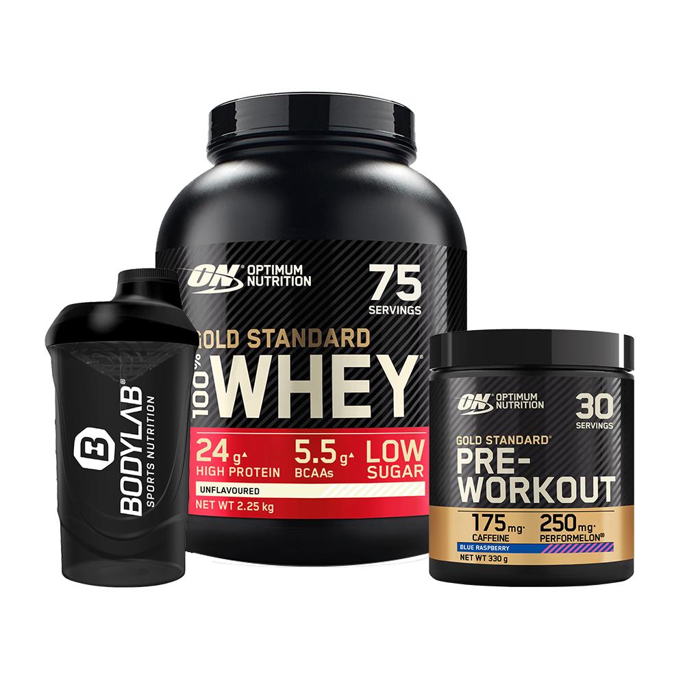 100% Whey Gold Standard (2270g) + Gold Standard Pre-Workout (330g) + Bodylab24 Shaker GRATIS!