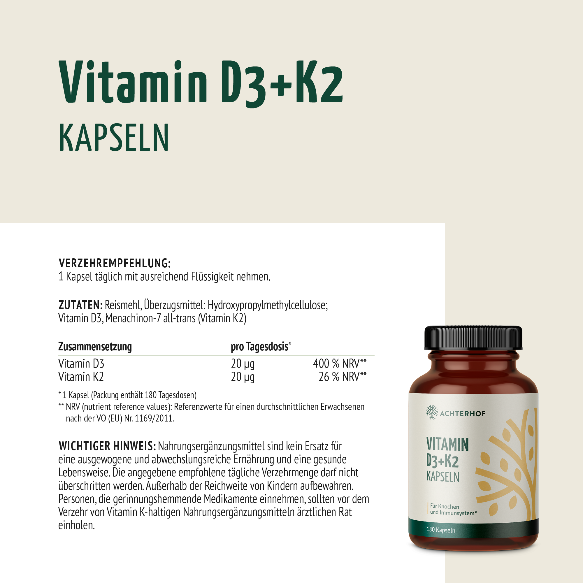 Vitamin D3+K2 Kapseln (180 Kapseln)