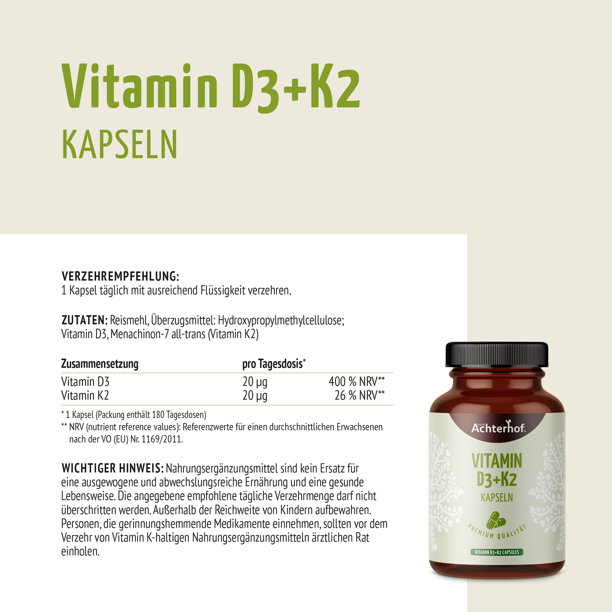 Vitamin D3+K2 Kapseln (180 Kapseln)
