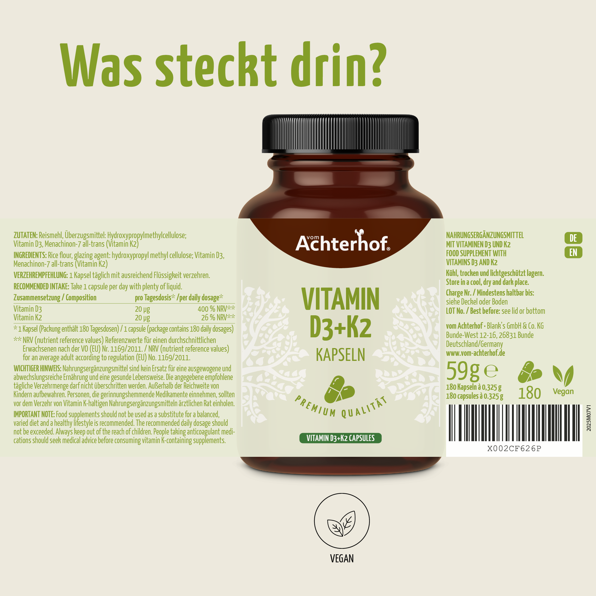 Vitamin D3+K2 Kapseln (180 Kapseln)